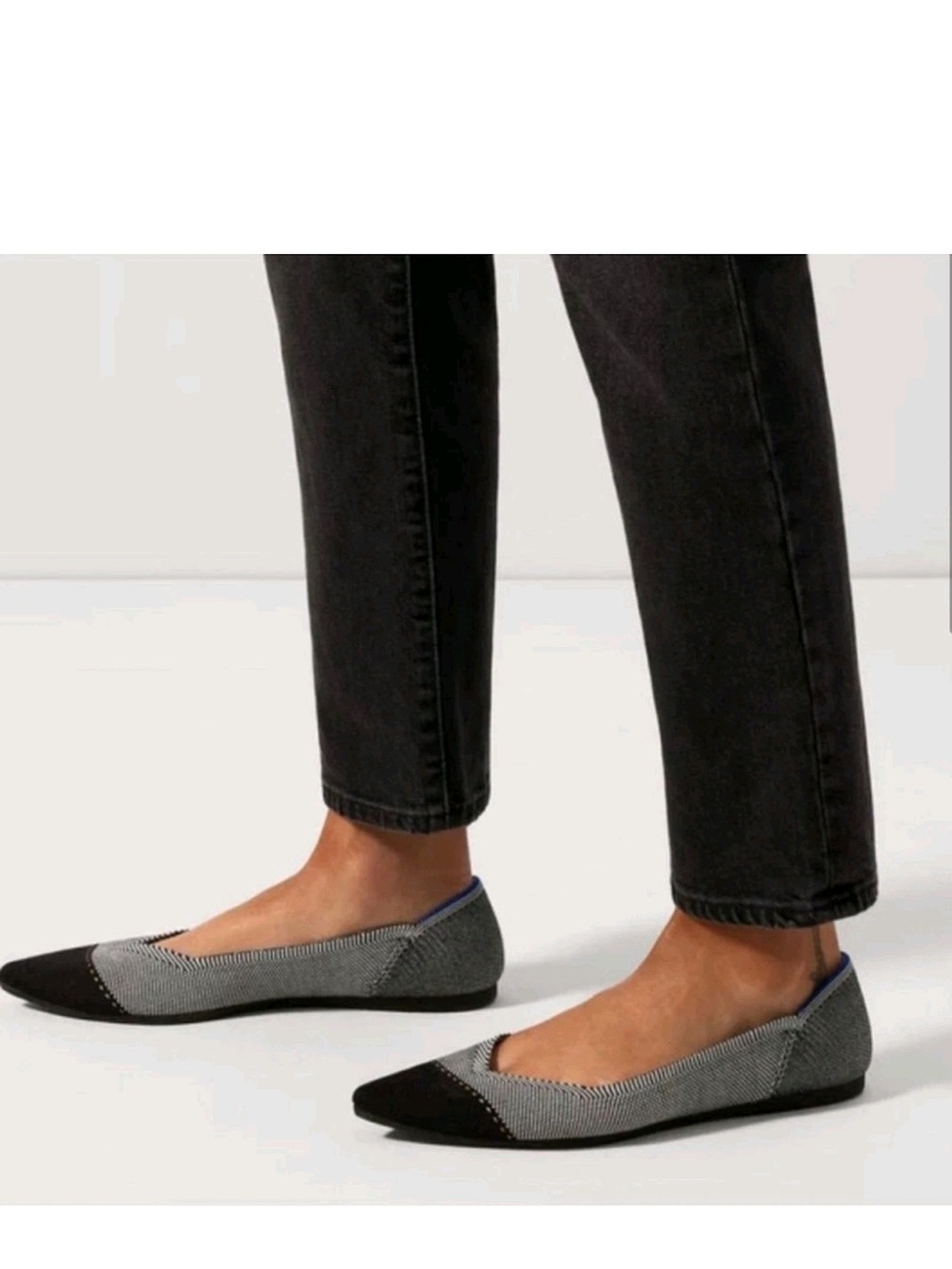 Rothy's The Point Gray Mist Cap Toe Slip-On Ballet Flat with Blue Trim